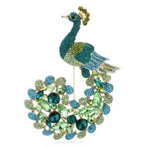Jewelry brooch pin pendant peacock large gold tone sparkle elegant beautiful new